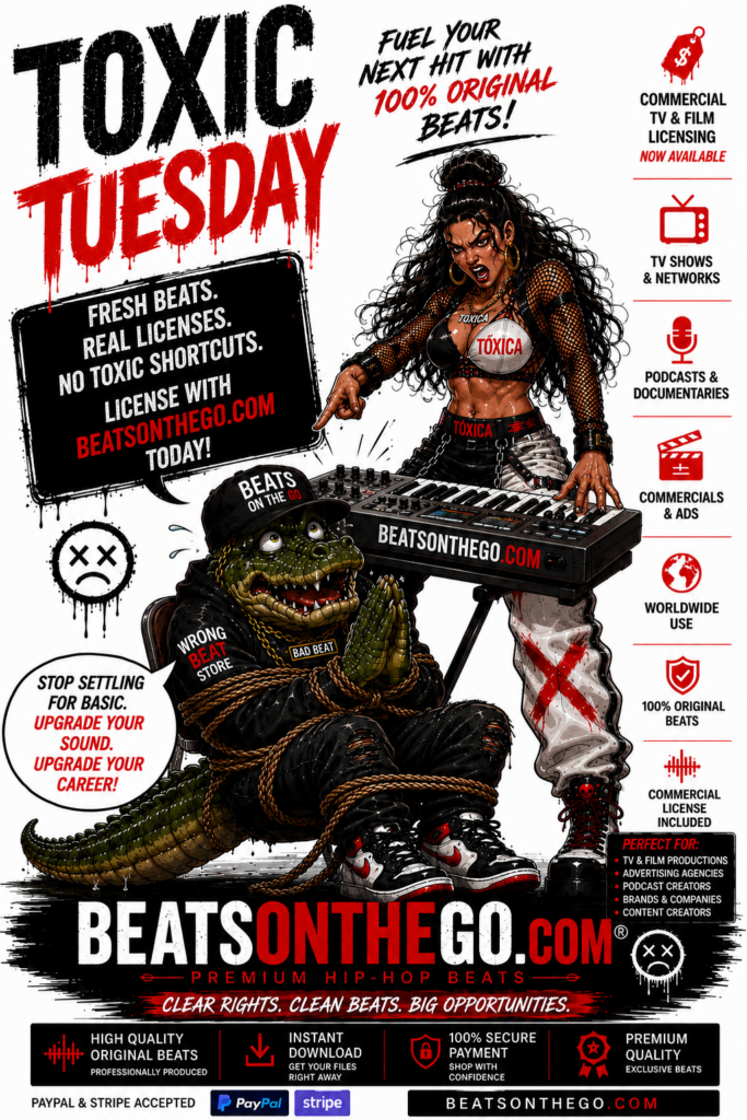 Toxic Tuesday commercial music licensing advertisement by BEATSONTHEGO® featuring original beats for TV, film and commercials.