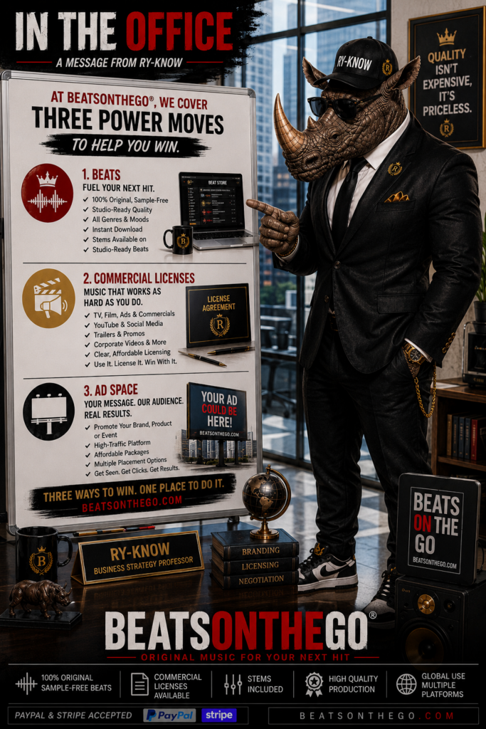 Ry-Know presents the three core BEATSONTHEGO® services: Original Sample-Free Beats, Commercial TV & Film Licensing, and Advertising Opportunities.