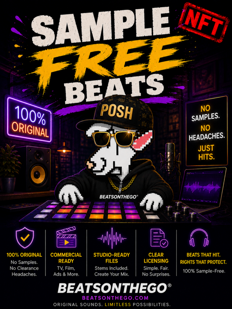 POSH NFT character promoting sample-free beats for BEATSONTHEGO®