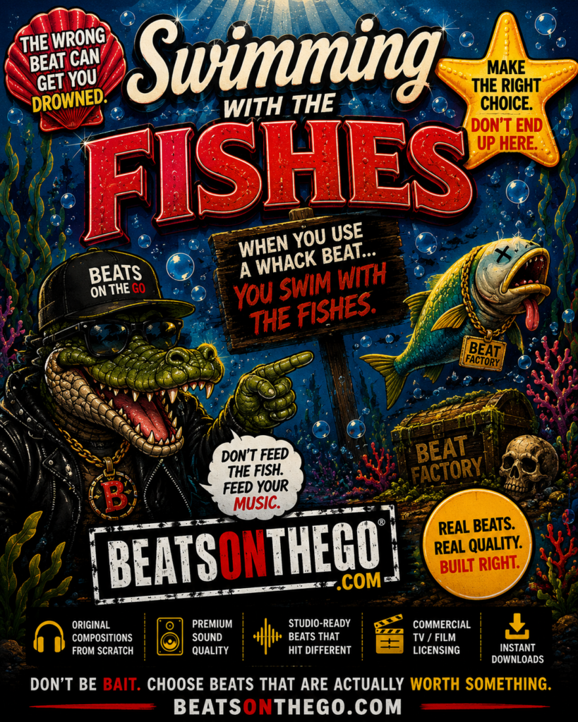 Whack Wednesday advertisement featuring the BEATSONTHEGO crocodile warning creators to avoid beat factories and choose original music.