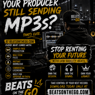Advertisement comparing basic MP3 beat downloads to professional WAV STEM files from BeatsOnTheGo.com.