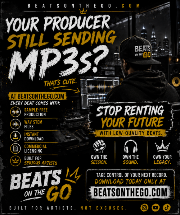 Advertisement comparing basic MP3 beat downloads to professional WAV STEM files from BeatsOnTheGo.com.