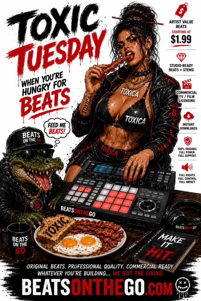 Tóxica eating breakfast and creating music on a Maschine Studio beside the BEATSONTHEGO® crocodile mascot during Toxic Tuesday.