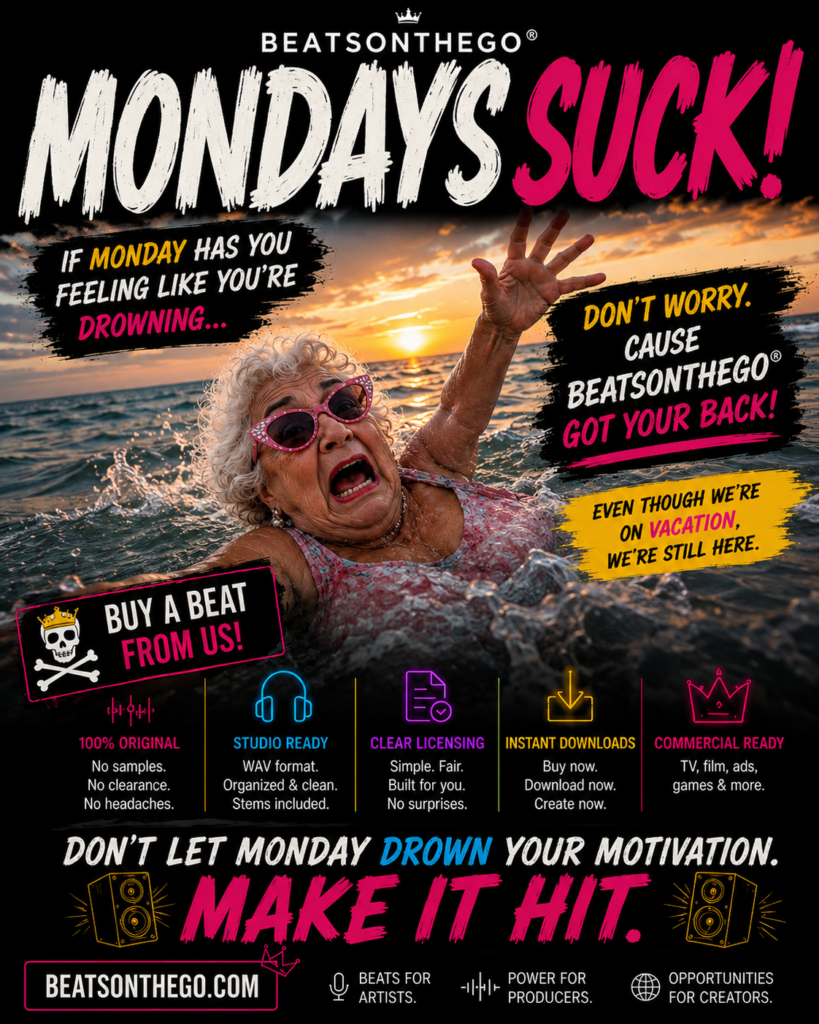 Funny Monday advertisement showing an elderly woman struggling in the ocean while promoting original beats from BEATSONTHEGO®.