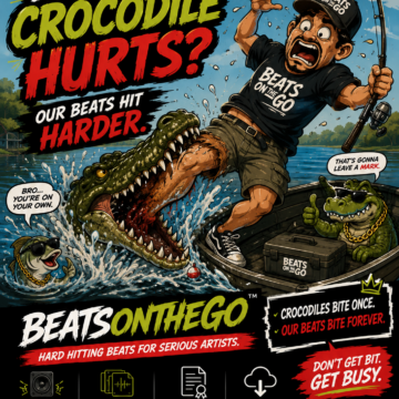 Cartoon fisherman screaming as a crocodile bites his leg while promoting BeatsOnTheGo premium hip-hop beats.