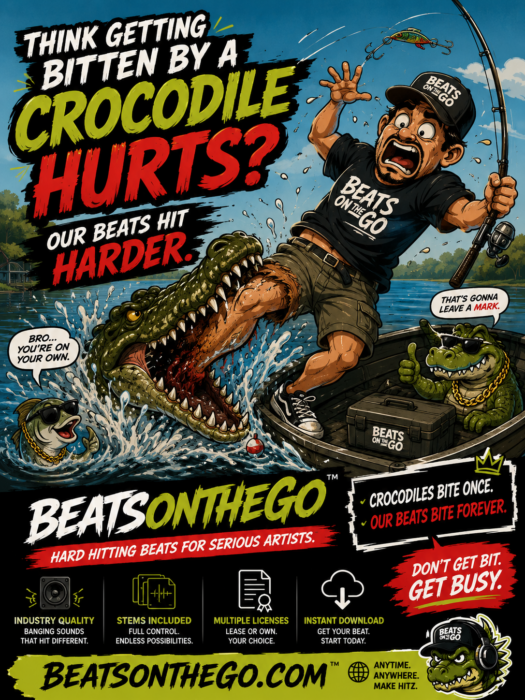Cartoon fisherman screaming as a crocodile bites his leg while promoting BeatsOnTheGo premium hip-hop beats.