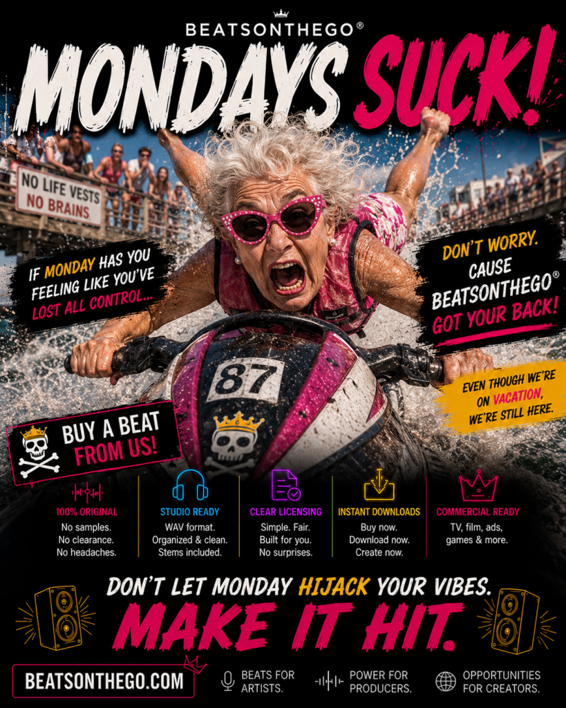 Funny Monday advertisement featuring an elderly woman hanging onto a speeding jet ski while completely out of control, promoting BEATSONTHEGO® original beats.