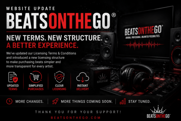 BeatsOnTheGo website update announcing new licensing terms, simplified beat licensing, and upcoming improvements.