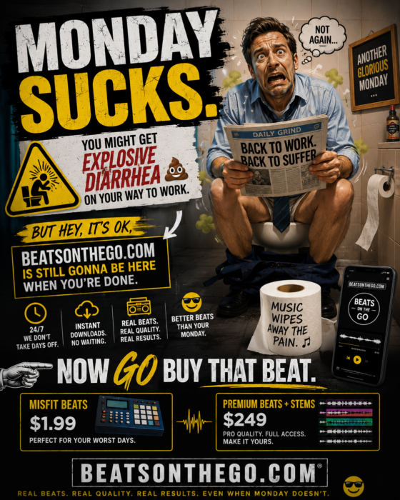 Funny Monday-themed BEATSONTHEGO advertisement showing a stressed office worker on a toilet with the message that even when Monday goes wrong, original beats are always available.