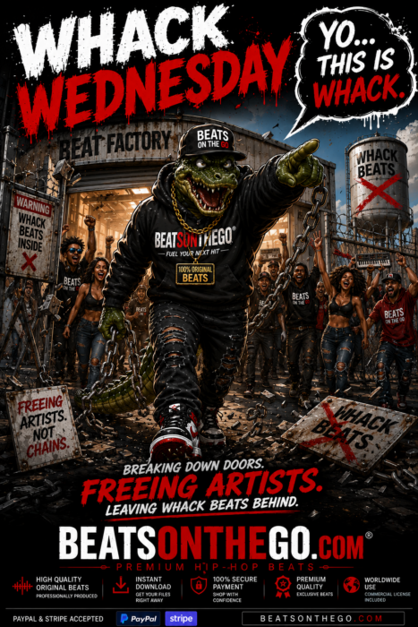 Whack Wednesday artwork featuring the BEATSONTHEGO® crocodile mascot breaking artists out of the Beat Factory and leaving whack beats behind.