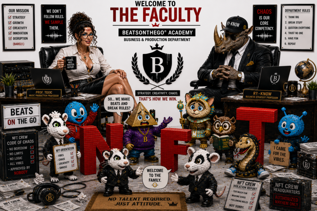 Professor Toxic, Ry-Know, and the NFT Crew welcome visitors to the BEATSONTHEGO® Academy faculty.