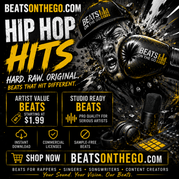 Hip hop hits advertisement for BEATSONTHEGO® featuring sample-free beats, instant downloads, commercial licenses, and studio-ready instrumentals.