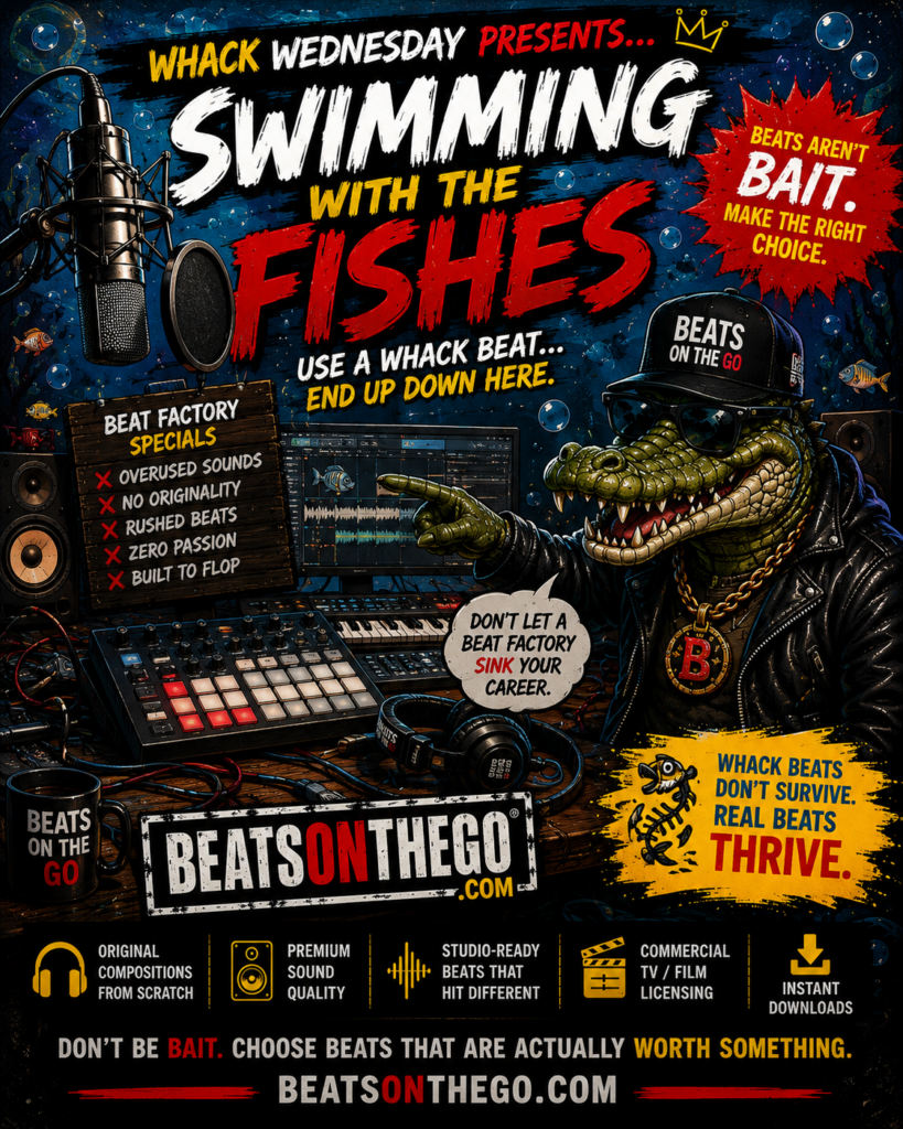 BEATSONTHEGO crocodile in a recording studio warning creators not to let beat factories sink their careers.