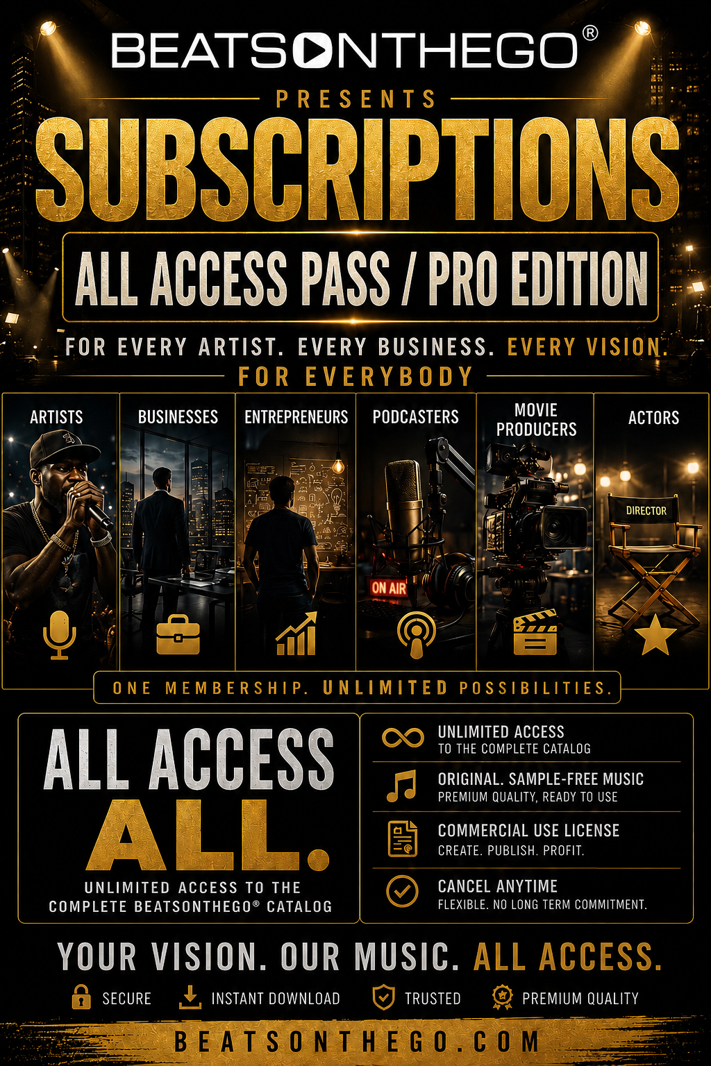 BEATSONTHEGO® Subscriptions promotional graphic featuring the All Access Pass and Pro Edition for artists, businesses, entrepreneurs, podcasters, movie producers, actors, and creators.