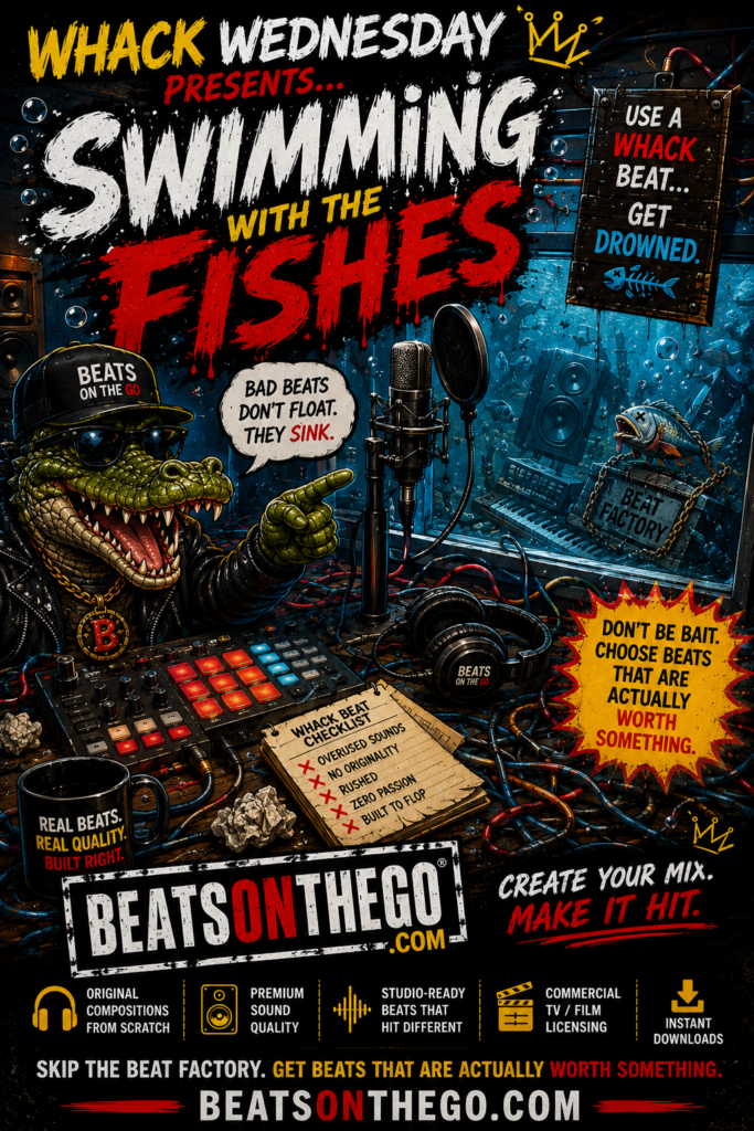 Funny Whack Wednesday recording studio advertisement featuring a dead fish in a vocal booth reminding artists not to let their vocals get buried in the mix.