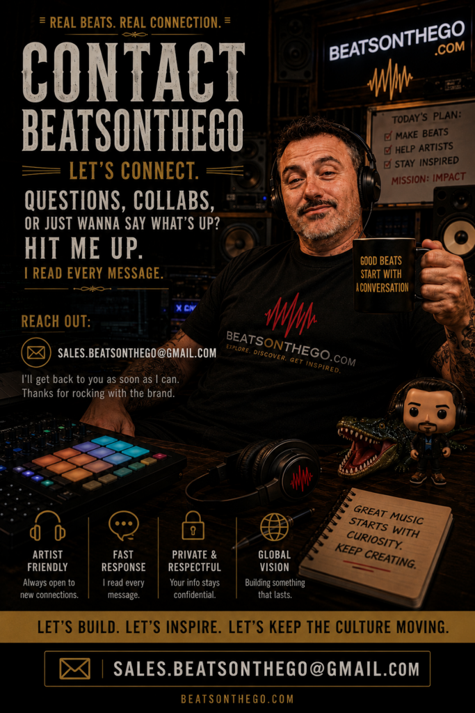BEATSONTHEGO® contact page artwork featuring a music producer inviting visitors to get in touch for beat licensing, downloads, and general questions.