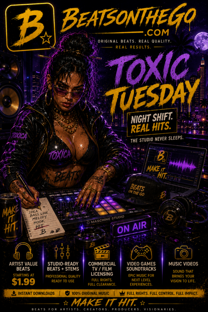 Tóxica creating original beats during a late-night studio session for Toxic Tuesday with BEATSONTHEGO® branding.