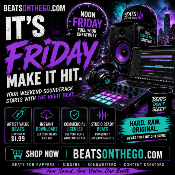 Friday promotional graphic for BEATSONTHEGO® featuring sample-free hip hop beats, studio-ready production, instant downloads, and commercial licenses.