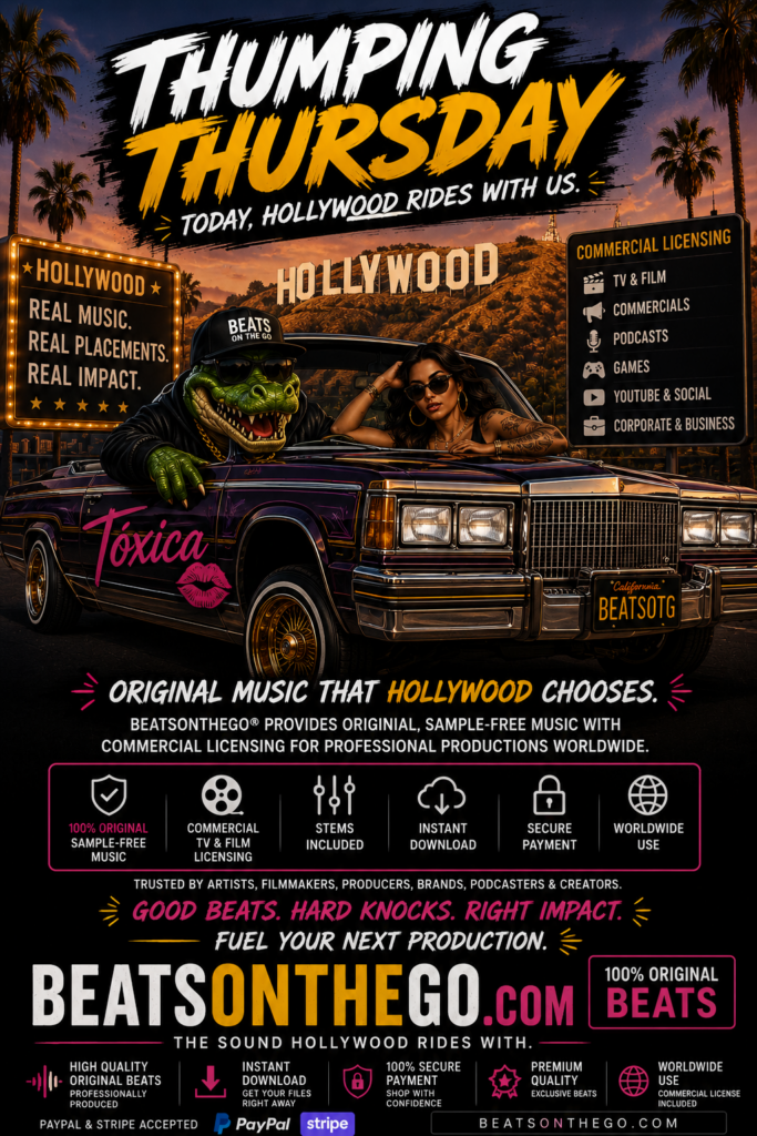 BEATSONTHEGO® Thumping Thursday Hollywood commercial music licensing advertisement featuring original sample-free music for TV, film and commercial productions.