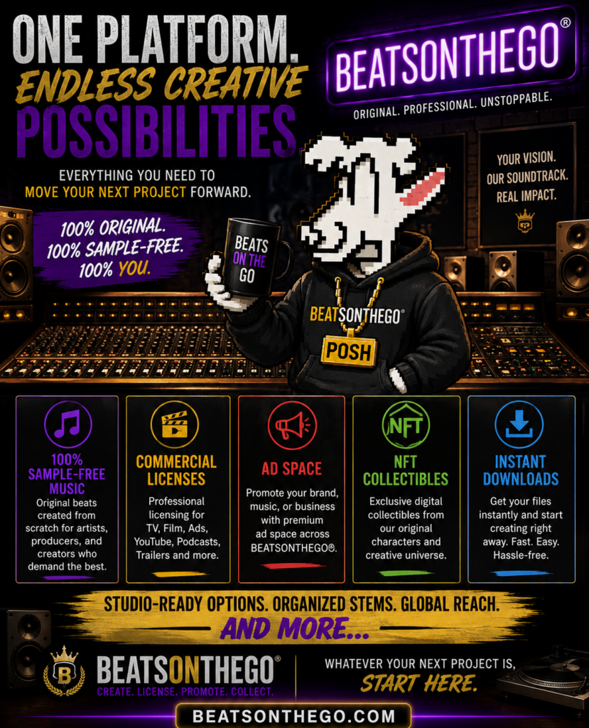 Posh presents the BEATSONTHEGO® creative platform featuring sample-free music, commercial licensing, advertising space, NFT collectibles, and instant downloads.