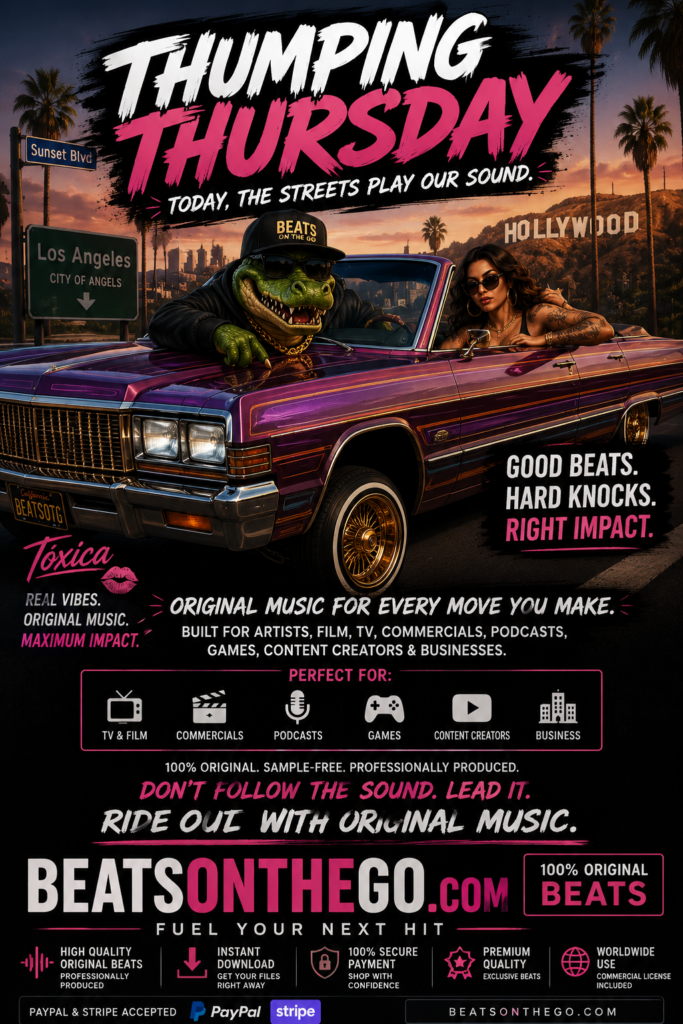 BEATSONTHEGO® Thumping Thursday lowrider in Los Angeles promoting original music for TV, film, commercials, podcasts, games and content creators.