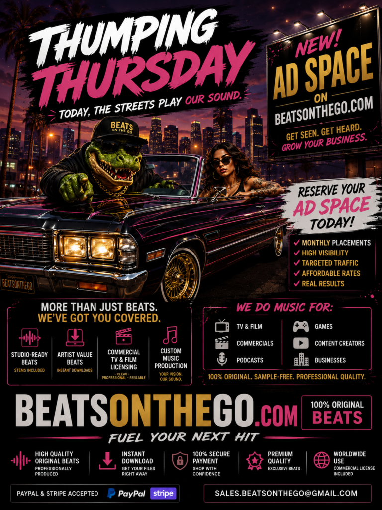 Thumping Thursday advertisement promoting monthly ad space on BEATSONTHEGO® alongside original music services.
