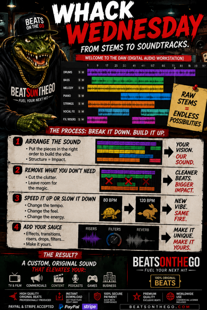 Whack Wednesday artwork featuring the BEATSONTHEGO® crocodile mascot breaking artists out of the Beat Factory and leaving whack beats behind.
