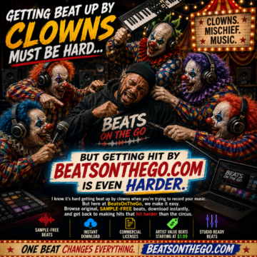 Funny hip-hop advertisement showing clowns attacking a music producer in a recording studio while promoting sample-free beats from BeatsOnTheGo.com.