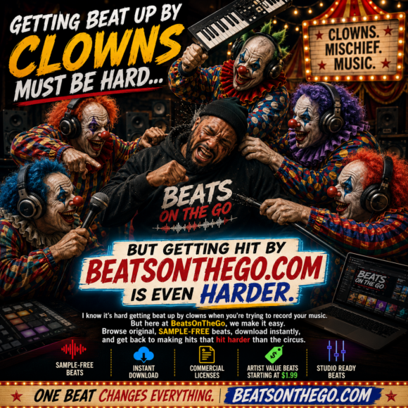 Funny hip-hop advertisement showing clowns attacking a music producer in a recording studio while promoting sample-free beats from BeatsOnTheGo.com.