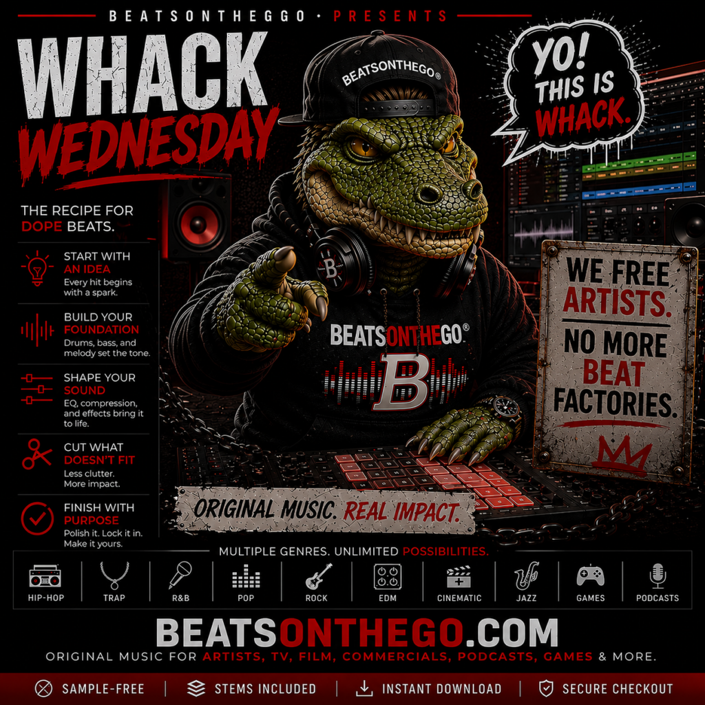 BEATSONTHEGO® Whack Wednesday crocodile mascot promoting original sample-free music, commercial licensing, and freedom from beat factories.