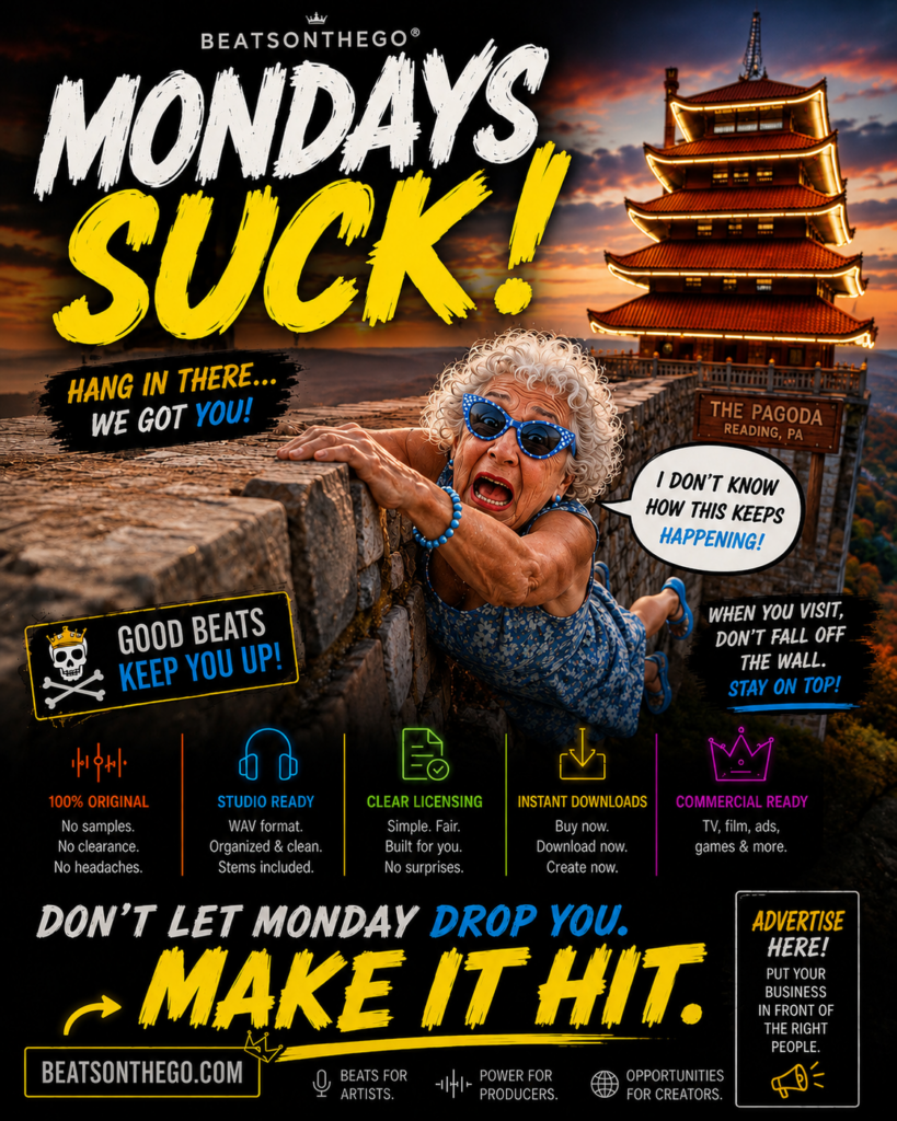 Funny Mondays Suck graphic featuring the Reading Pagoda with BEATSONTHEGO original beats advertisement.