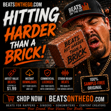 Hitting Harder Than a Brick promotional graphic for BEATSONTHEGO® featuring original sample-free hip hop beats and instant downloads.
