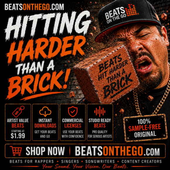 Hitting Harder Than a Brick promotional graphic for BEATSONTHEGO® featuring original sample-free hip hop beats and instant downloads.