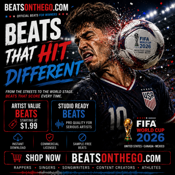 Soccer-themed BeatsOnTheGo advertisement featuring a soccer ball striking the side of a player's face to promote sample-free hip hop beats, Artist Value Beats, and Studio Ready Beats.