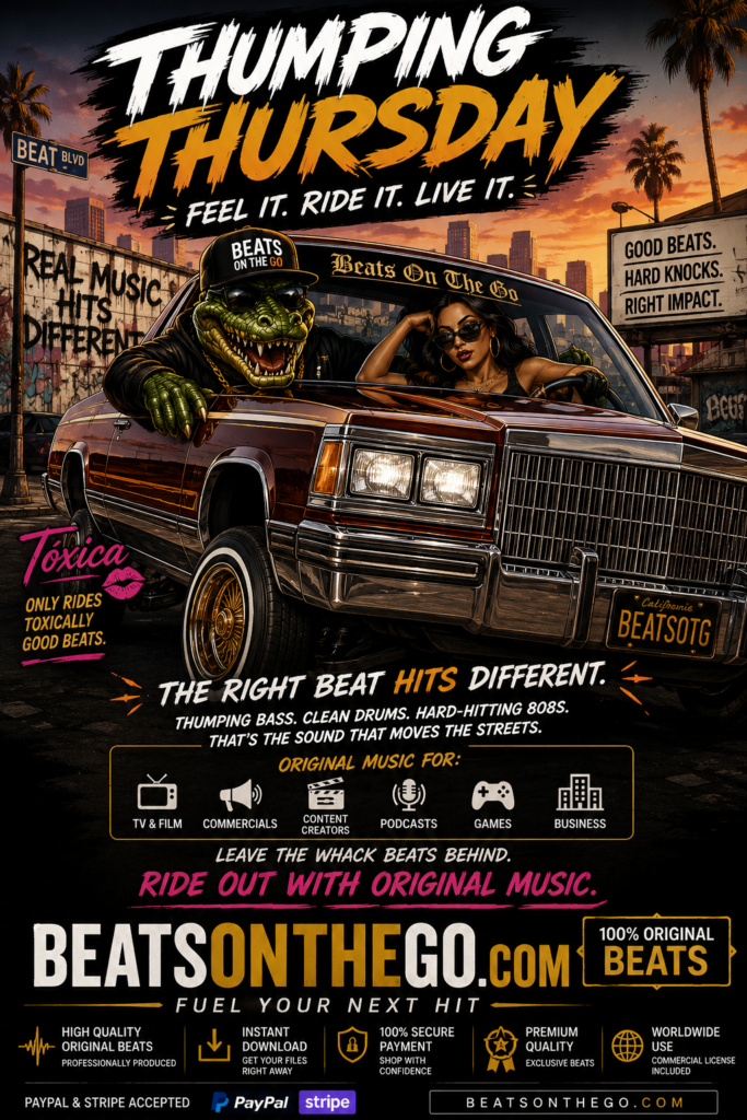 Thumping Thursday artwork featuring the BEATSONTHEGO® mascots cruising in a classic lowrider promoting original sample-free music and commercial licensing.