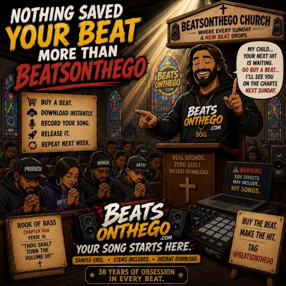 Comic-style BEATSONTHEGO® church advertisement promoting sample-free beats, stems, and instant downloads for music producers.