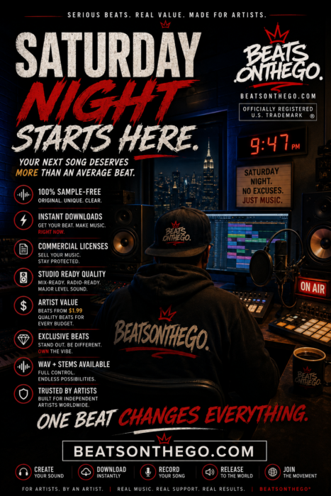 Saturday Night Starts Here promotional graphic for BeatsOnTheGo® featuring a professional recording studio, sample-free beats, instant downloads, commercial licenses, and Artist Value Beats.