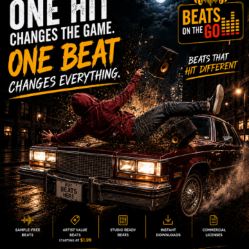 Funny nighttime BeatsOnTheGo advertisement featuring a classic box car hitting a person while promoting sample-free hip hop beats.