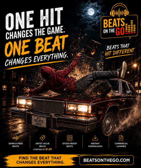 Funny nighttime BeatsOnTheGo advertisement featuring a classic box car hitting a person while promoting sample-free hip hop beats.