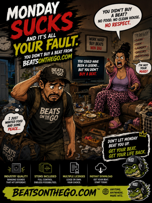 Funny comic-style BEATSONTHEGO advertisement showing a tired man coming home from work to an angry wife blaming him for not buying a beat.