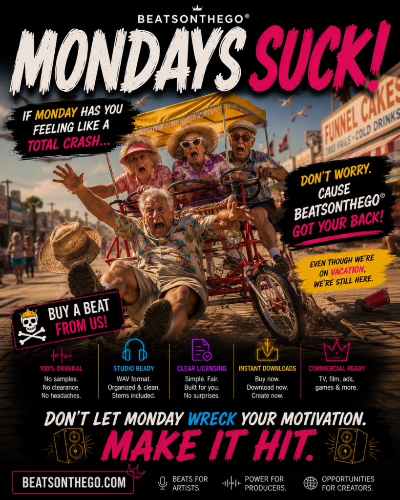 Funny Monday advertisement featuring a group of elderly people crashing a boardwalk bicycle while promoting original beats from BEATSONTHEGO®.
