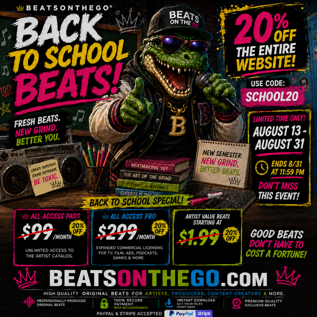 Back to School Beats 20% off BEATSONTHEGO sale featuring alligator mascot and SCHOOL20 discount code