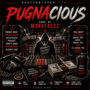 PUGNACIOUS sample-free hip hop beat artwork by M3NYFAC3Z featuring determination, combat energy, and cinematic intensity | BeatsOnTheGo.com