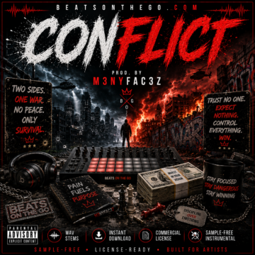 CONFLICT sample-free hip hop beat artwork by M3NYFAC3Z featuring urban tension, cinematic atmosphere, and determination | BeatsOnTheGo.com
