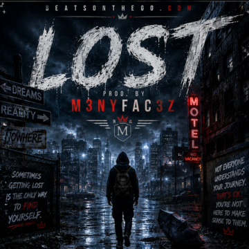 LOST sample-free hip hop beat artwork by M3NYFAC3Z featuring a lone figure in a rain-soaked city searching for direction | BeatsOnTheGo.com