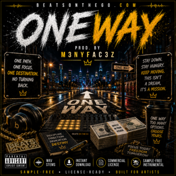 ONEWAY sample-free hip hop beat artwork by M3NYFAC3Z featuring a one-way road, neon city lights, and unstoppable forward movement | BeatsOnTheGo.com