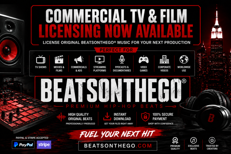 BEATSONTHEGO® homepage banner promoting premium hip-hop beats with stems, editable beat files, and instant downloads for artists and creators.